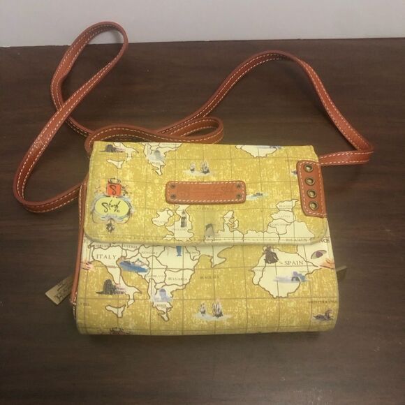 Travel by Sharif Maps Of The World Yellow Crossbody Bay With Leather Strap Trim - Picture 1 of 7